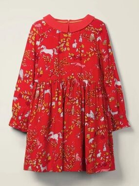 Mini Boden Woodland Printed Peter Pan Collar Dress Forest Creatures Unicorn